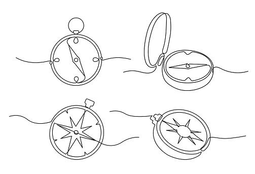 Traveller compass of different design. Single one line drawing equipment for exploration and navigation. Continuous line draw touristic object locating direction. Cartography concept vector