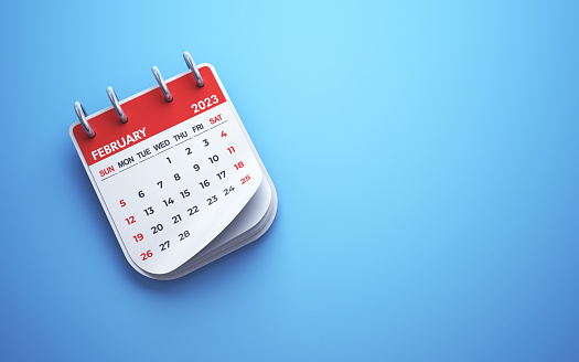3d render February 2023 Calendar on blue background, Desk Calendar, Can be used for reminder day, special day concept (Close-Up)