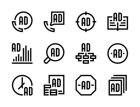Advertising placement and Media advertisement line vector icons. Online Ad and Digital commercial editable stroke outline icon set.