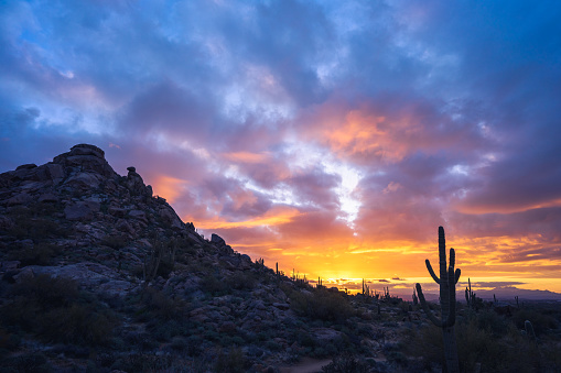 Magnificent sunrise over Granite Mountain in The McDowell Sonoran Preserve