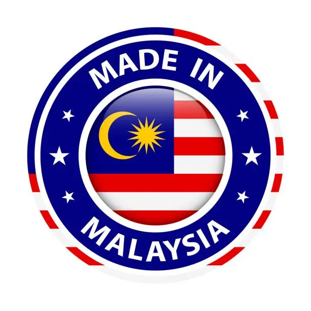 Vector illustration of Made in Malaysia badge vector. Sticker with stars and national flag. Sign isolated on white background.