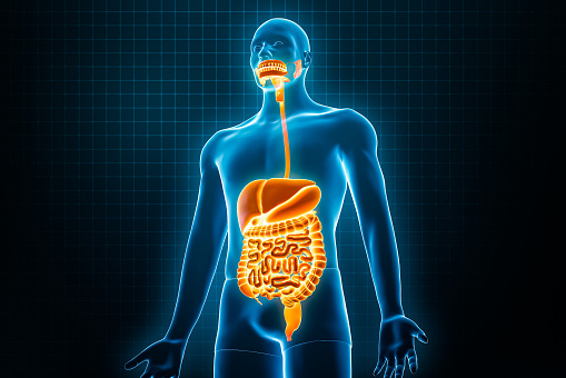 3D illustration of a virus infection (coronavirus, viral pneumonia or influenza) and the risks of complications for the human body. Front view. Isolated on black background. Great to be used in medicine works and health.