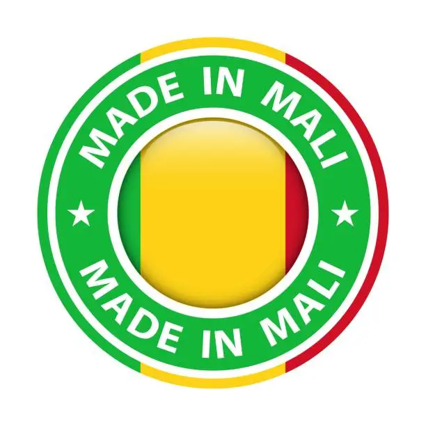 Vector illustration of Made in Mali badge vector. Sticker with stars and national flag. Sign isolated on white background.