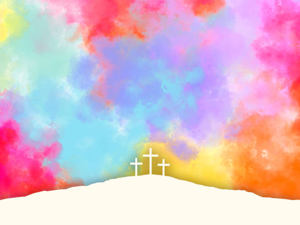 Christian Easter background with three crosses on hill of calvary with vibrant paint watercolor texture in sky, Religious Easter holiday design concept with abstract pastel colors in bright sky background with copy space Christian Easter background with three crosses on hill of calvary with vibrant paint watercolor texture in sky, Religious Easter holiday design concept with abstract pastel colors in bright heaven sky background with copy space cross shape cross religion christianity stock pictures, royalty-free photos & images