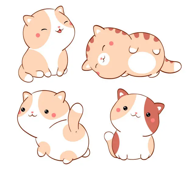 Vector illustration of Set of cute fat cats kawaii style. Collection of lovely little kitty in different poses. Can be used for t-shirt print, stickers, greeting card design