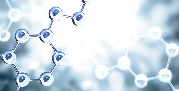 istock Horizontal banner with model of abstract molecular structure. Background of blue color with glass atom model 1460843245