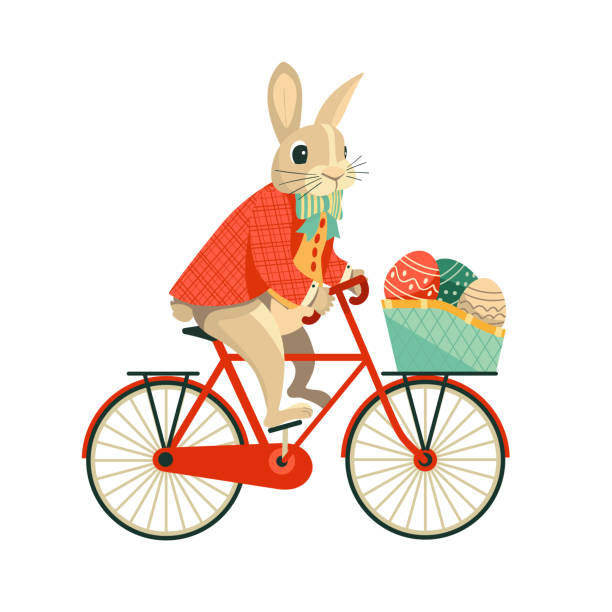 ilustrações de stock, clip art, desenhos animados e ícones de funny rabbit bunny ride bicycle with easter eggs - easter traditional culture backgrounds basket