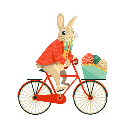 Funny Rabbit Bunny ride Bicycle with Easter Eggs. Happy Easter religion holiday traditional symbol design element illustration. Festive family fun, egg hunt event invitation background vector template