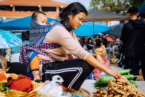 Vietnamese woman with baby on her back at the markt, selling vegetables and ginger\n\nBac Ha hosts the biggest fair near the mountainous highlands and the Chinese border\nBac Ha, northern Vietnam