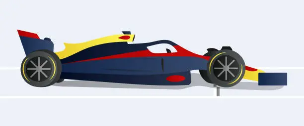 Vector illustration of Dark blue sports car wins the open-wheel single-seater track. The car crosses the finish line. Grand Prix victory. Side view. Gradient