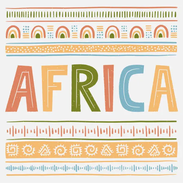 Vector illustration of Africa concept with hand lettering text. Stylised African Pattern on light background. Ethnic and Tribal Motifs. Hand drawn. Horizontal stripes. For banner, poster, flyer. Vector illustration