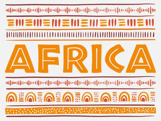 Vector illustration of Africa concept. Stylised African Pattern on light background. Ethnic and Tribal Motifs. Hand drawn. Horizontal stripes. For banner, poster, flyer. Vector illustration