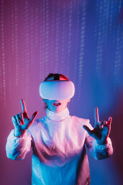 Metaverse concept. Woman in holographic clothes and vr glasses on matrix code background. Person with virtual reality headset, trying to touch something with hand in pink blue colors. Vertical card.