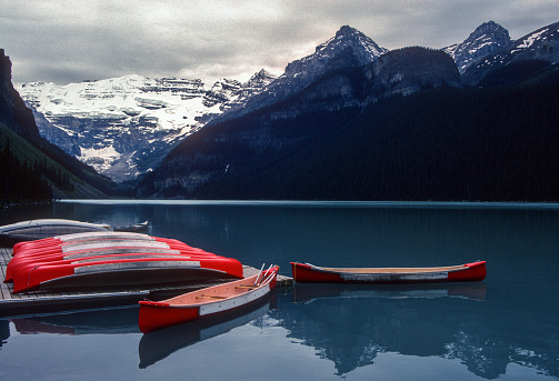 Banff National Park - Lake Louise & Boats - 1989. Scanned from Kodachrome 25 slide.