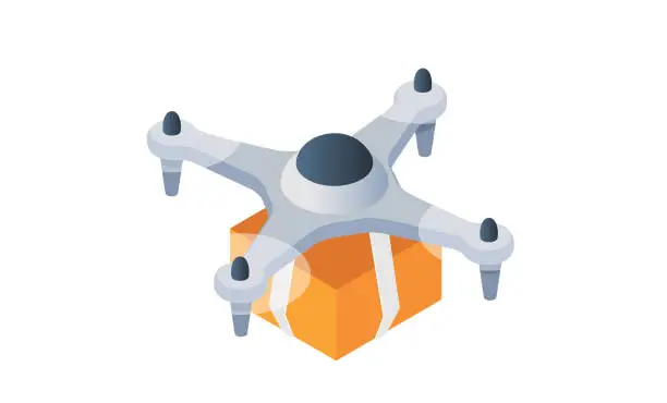 Vector illustration of Drone with package box isolated. Modern technologies for delivery entertainments photo and video