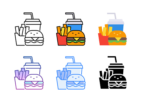 Fast food combo menu icon. 6 Different styles. Editable stroke.