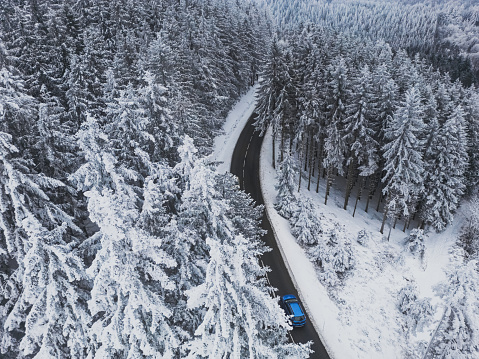 Snow-covered trees in the forest and blue car on the road line in the mountains. Winter landscape in the mountains. Aerial drone panoramic photo.