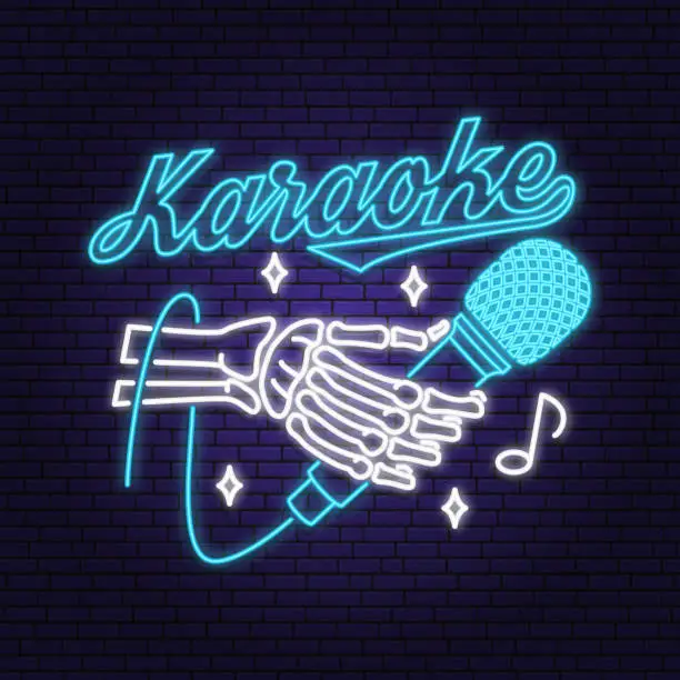 Vector illustration of Karaoke neon poster, banner. Neon sign, emblem, bright signboard, light banner with skeleton hand and microphone. Vector illustration. Advertising bright neon karaoke for night club. Design template