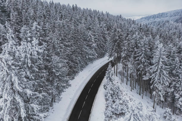 istock Snow-covered trees in the forest and asphalt road line in the mountains. Winter landscape in the mountains. Aerial drone panoramic photo. 1460856493