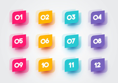 Twelve Colorful Bullet Points Labels