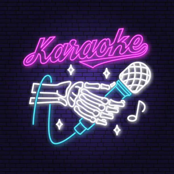 Vector illustration of Karaoke neon poster, banner. Neon sign, emblem, bright signboard, light banner with skeleton hand and microphone. Vector illustration. Advertising bright neon karaoke for night club. Design template