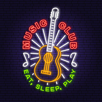 Music club neon poster, banner. Neon sign, emblem, bright signboard, light banner with classical acoustic guitar. Vector illustration. Equipment for listening and recording sound. Advertising bright neon for night club.