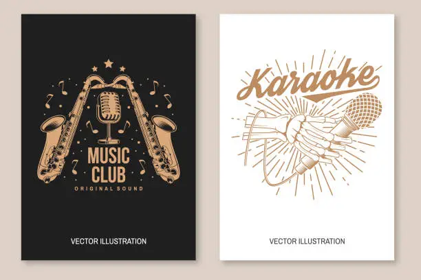 Vector illustration of Music club, retro music poster, banner. Retro poster, banner with skeleton hand and retro microphone, retro saxophone vintage typography design for t shirt, emblem, logo, badge design. Vector illustration