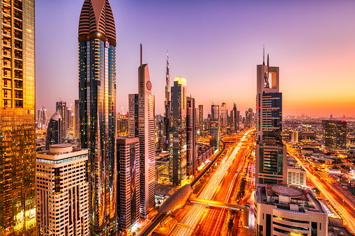 Dubai Skyline at Sunset, United Arab Emirates, Middle East