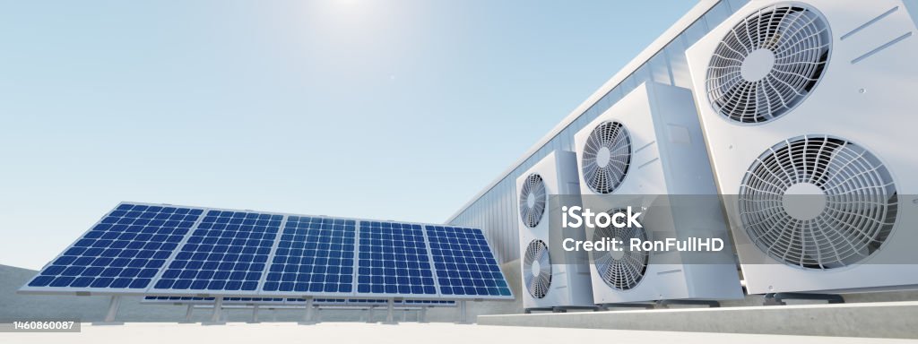 Solar Panel Condensor 3d Rendering Of Photovoltaic Cell On Solar Panel Condenser Unit Or ...