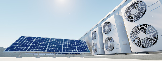 Solar Panel Condensor 3d Rendering Of Photovoltaic Cell On Solar Panel Condenser Unit Or ...