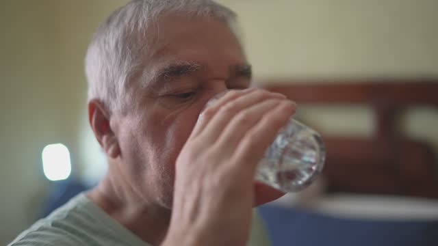 Senior man drinking water in the bedroom at home