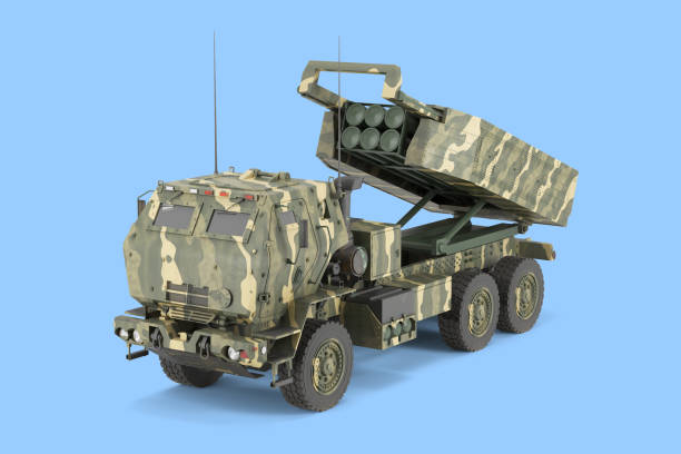 3d render mlrs himars high mobility artillery rocket system land leases for ukraine on blue - mlrs imagens e fotografias de stock