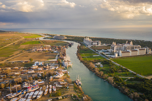 Manavgat Hotel area and city view on a sunny day. aerial view