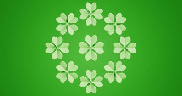 Saint Patrick's Day. A circle of four-leaf clover on a green background. 3d rendering