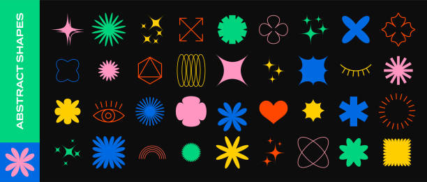 shape elements, geometric abstract graphic minimal design, vector patch pattern. geometric shape elements circle, star and triangle, line figures and abstract minimal art icons - geometric pattern stock illustrations