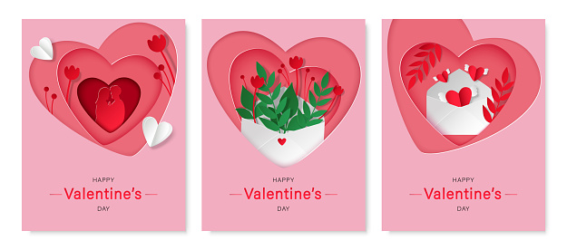 Happy Valentine's Day set of three card in paper cut style. Pink hearts with couple silhouette, envelopes and flowers. EPS 10.