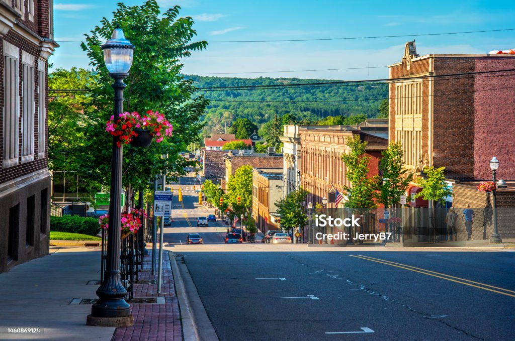 City of Marquette in Northern Michigan sits on Hilltop Business district Marquette Michigan on hill side main street Michigan Stock Photo