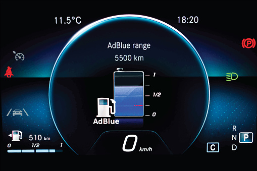 Illustration of AdBlue level indicator on illuminated car dashboard. Car instrument panel with speedometer, fuel gauge, seat belt reminder Urea level display on car cluster. Check diesel exhaust fluid