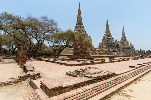Remains of the old temple town Ayutthaya near Bangkok in Thailand, nowadays a tourist attraction