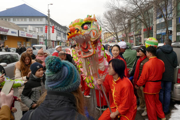 танцоры драконов в китайском квартале будапешта во время новогоднего фестиваля. - dragon dancer стоковые фото и изображения
