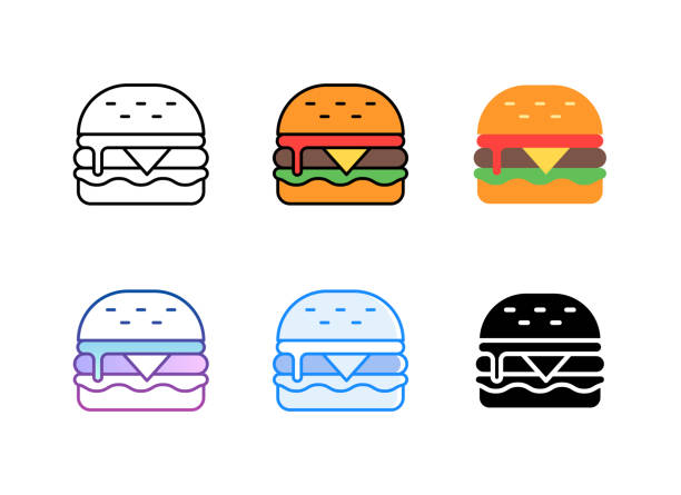 ikona hamburgera. 6 różnych stylów. edytowalny obrys. - hamburger bun barbecue sign stock illustrations