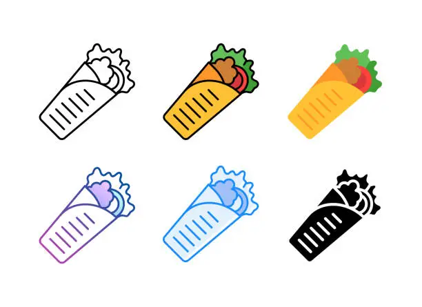Vector illustration of Mexican burrito icon. 6 Different styles. Editable stroke.