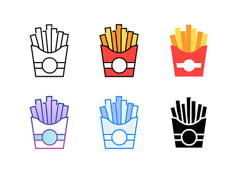 French fries icon. 6 Different styles. Editable stroke.