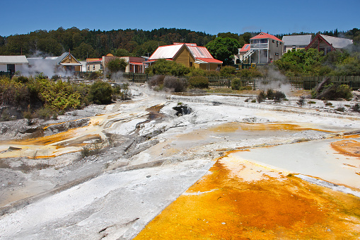 The volcanic hot springs of the Maori village Whakarewarewa in New Zealand
