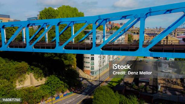 Blue Railway Bridge Stock Photo - Download Image Now - Aerial View, Arch - Architectural Feature, Architecture