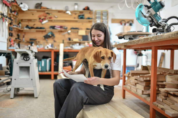 istock Female Carpenter Making Designe Changes While Puppy Wants To Play 1460872580