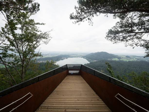 Panorama view of Klopeiner See Lake Klopein from observation deck platform viewpoint Kitzelberg Sankt Kanzian Carinthia Austria Europe