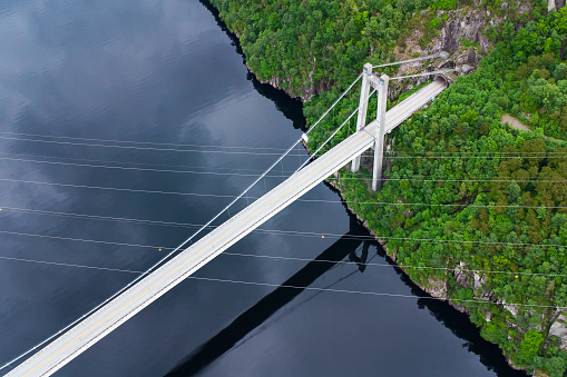Aerial view of the Fedafjorden bru bridge with crossing power lines and a tunnel portal