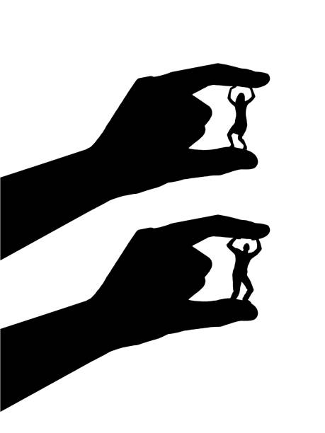 Silhouette of a hand holds between the fingers a woman who squirts. Bullying and inequality concept. Silhouette of a hand holds between the fingers a woman who squirts. Bullying and inequality concept. Vector silhouette imbalance crushed women men stock illustrations