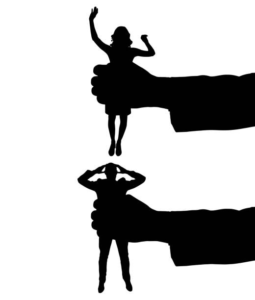 Silhouette of a man hand holds a woman and man in a fist. Vector Silhouette Bullying employee concept. Silhouette of a man hand holds a woman and man in a fist. Vector Silhouette imbalance crushed women men stock illustrations